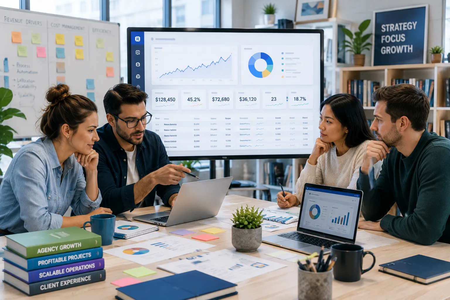 An agency team reviewing a client reporting dashboard with revenue trends and key metrics next to a shelf of books on agency growth and client experience