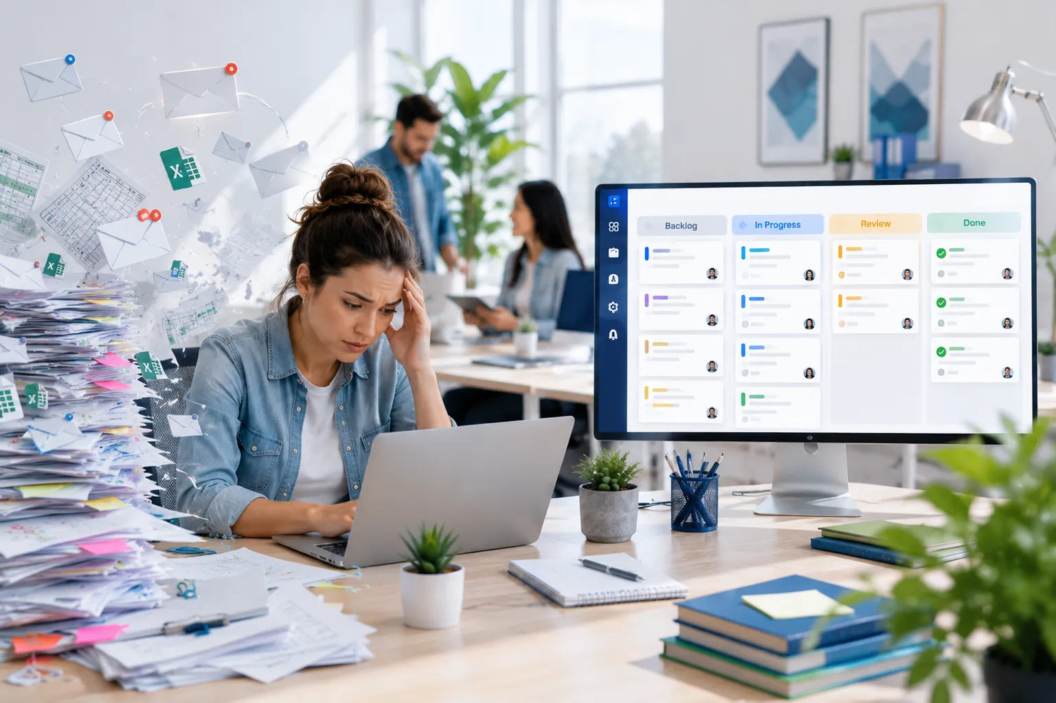 A stressed team member surrounded by a towering pile of paper and scattered emails, with an organized kanban board visible on a nearby monitor