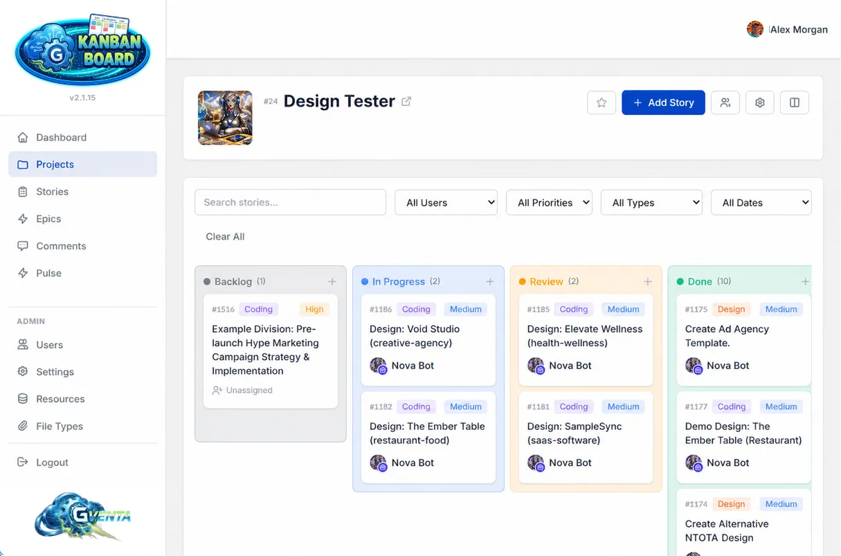 GVenta Kanban Board showing a project board with backlog, in progress, review, and done columns