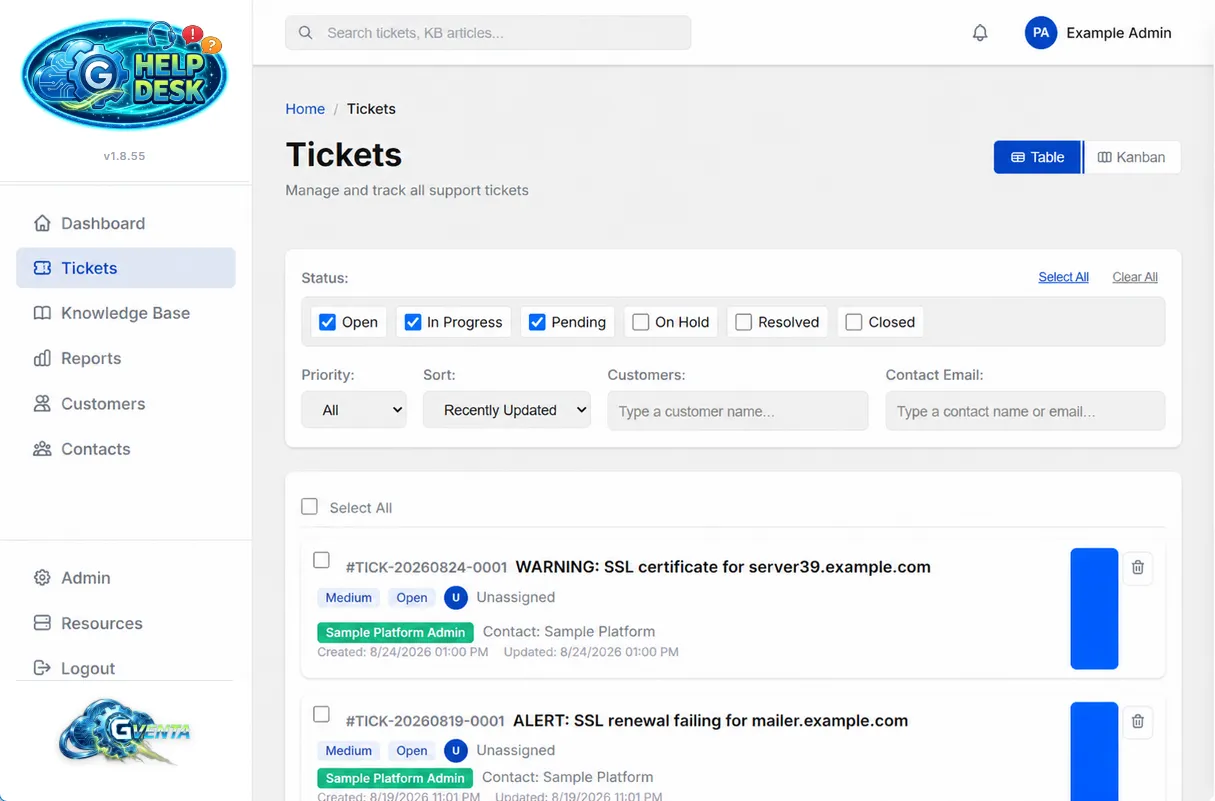 The Tickets page in Table view with Table and Kanban toggles, status checkbox chips, priority, sort, customer and contact filters, and ticket rows with priority, status, assignee, customer badge and source color band