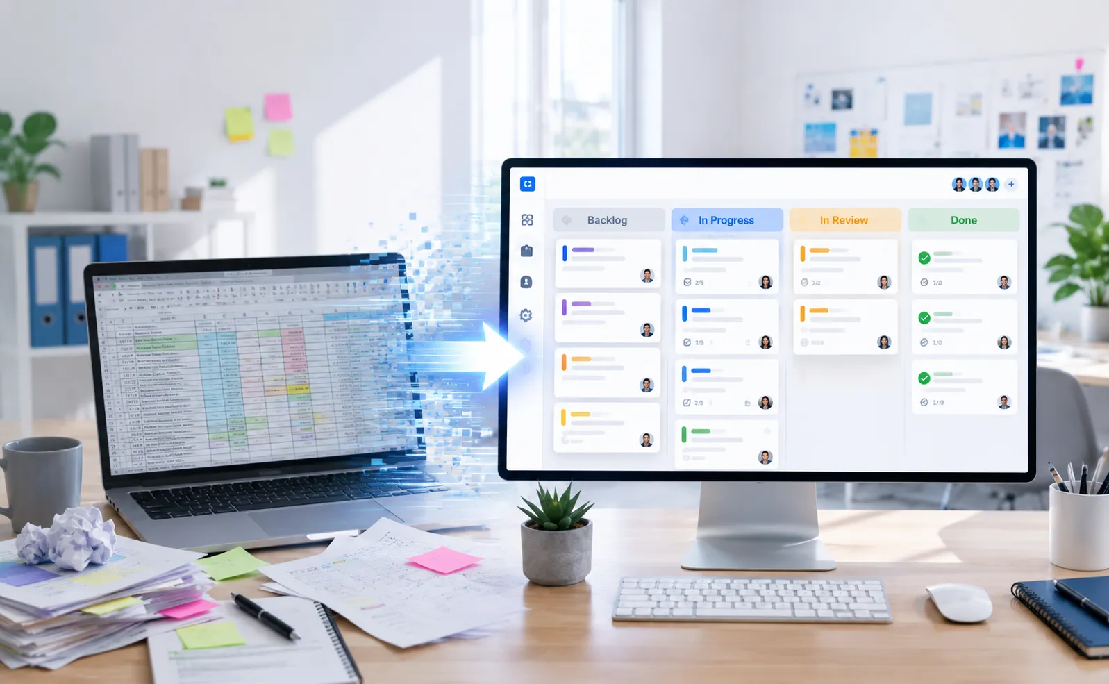 A cluttered spreadsheet on a laptop transforming into an organized kanban board with Backlog, In Progress, In Review, and Done columns on a desktop monitor