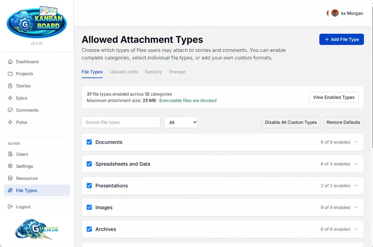 The Allowed Attachment Types admin page showing 31 file types enabled across 12 categories, a 25 MB maximum, "Executable files are blocked", and expandable category rows such as Documents, Spreadsheets and Data, Presentations, Images and Archives