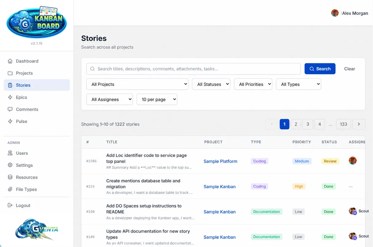 The Stories page: a search box labeled "Search titles, descriptions, comments, attachments, tasks", project, status, priority, type, assignee and page-size filters, and a paginated results table